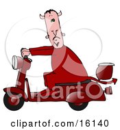 Male Devil Staring As He Passes By On A Red Scooter Clipart Illustration