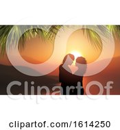 Poster, Art Print Of 3d Silhouette Of A Loving Couple Against A Tropical Sunset Landscape