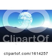 Poster, Art Print Of 3d Science Fiction Background With Planet Earth About Mountain Landscape