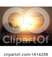 Poster, Art Print Of 3d Silhouette Of A Tree Landscape Against A Sunset Ocean Landscape