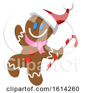 Poster, Art Print Of Christmas Gingerbread Man Carrying A Candy Cane And Waving