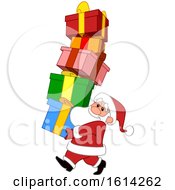 Poster, Art Print Of Cartoon Santa Claus Carrying A Tall Stack Of Gifts