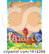 Poster, Art Print Of Scroll Border Of A Running Turkey Bird Through A Barnyard