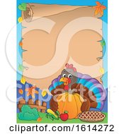 Poster, Art Print Of Scroll Border Of A Turkey Bird Hugging A Pumpkin