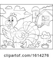 Clipart Of A Lineart Running Turkey Bird Through A Barnyard Royalty Free Vector Illustration