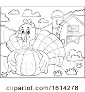 Clipart Of A Lineart Turkey Bird Hugging A Pumpkin In A Barnyard Royalty Free Vector Illustration