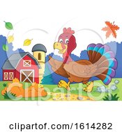 Clipart Of A Running Turkey Bird Through A Barnyard Royalty Free Vector Illustration