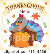 Poster, Art Print Of Turkey Bird Hugging A Pumpkin Under Thanksgiving Menu Text