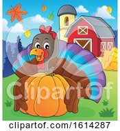 Clipart Of A Turkey Bird Hugging A Pumpkin In A Barnyard Royalty Free Vector Illustration