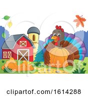 Poster, Art Print Of Turkey Bird Hugging A Pumpkin In A Barnyard