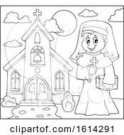 Poster, Art Print Of Lineart Happy Nun Holding A Cross Outside A Church
