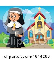 Poster, Art Print Of Happy Nun Holding A Cross Outside A Church