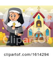 Poster, Art Print Of Happy Nun Holding A Cross Outside An Autumn Church