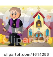 Poster, Art Print Of Happy Priest Outside An Autumn Church