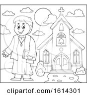 Clipart Of A Black And White Happy Priest Outside A Church Royalty Free Vector Illustration