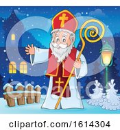 Clipart Of Saint Nicholas Waving In A Village Royalty Free Vector Illustration