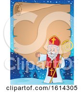 Clipart Of Saint Nicholas Waving On A Scroll Border Royalty Free Vector Illustration