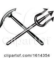 Clipart Of A Black And White Crossed Mountain Axe And Trident Royalty Free Vector Illustration by patrimonio