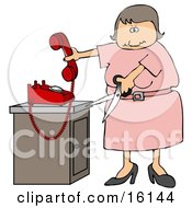 Poster, Art Print Of Angry Woman In Pink Cutting The Cord To Her Landline Phone