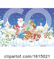 Poster, Art Print Of Snowy Christmas Eve Roof Top With Santa And Toys