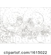 Clipart Of A Lineart Snowy Christmas Eve Roof Top With Santa And Toys Royalty Free Vector Illustration