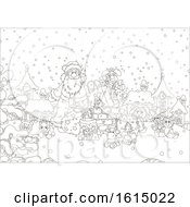 Poster, Art Print Of Lineart Snowy Christmas Eve Roof Top With Santa And Toys