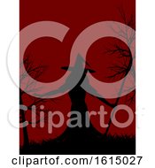 Poster, Art Print Of Halloween Red Background With Silhouette Of A Witch With Hat And Creepy Trees