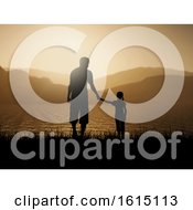 Poster, Art Print Of 3d Silhouette Of Father And Daughter Against A Sunset Ocean Landscape