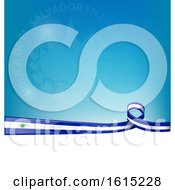 Clipart Of An El Salvador Ribbon Flag Over A Blue And White Background Royalty Free Vector Illustration