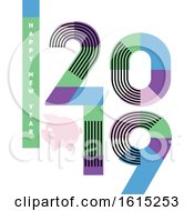 Poster, Art Print Of Happy New Year Greeting Card With Multicolor Numbers 2019 With Stripes And Cute Pig Isolated On White Background