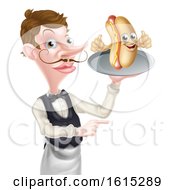Cartoon Hotdog Waiter Butler Pointing