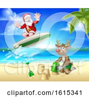 Poster, Art Print Of Christmas Santa Claus And Reindeer Beach Scene