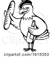 Poster, Art Print Of Cartoon Black And White American Bald Eagle Mascot Wearing A French Beret And Holding A Baguette And Bottle Of Wine