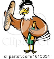 Poster, Art Print Of Cartoon American Bald Eagle Mascot Wearing A French Beret And Holding A Baguette And Bottle Of Wine