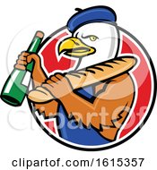 Poster, Art Print Of Cartoon American Bald Eagle Mascot Wearing A French Beret And Holding A Baguette And Wine Bottle