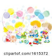 Poster, Art Print Of Birthday Party With Balloons And Children Playing With Toys
