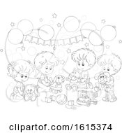 Poster, Art Print Of Lineart Kids Birthday Party With Balloons And Toys