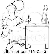 Clipart Of A Cartoon Lineart Black Woman Working At An Office Desk Royalty Free Vector Illustration by djart