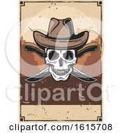 Poster, Art Print Of Wild West Cowboy Skull Wearing A Hat Over Knives On A Distressed Background