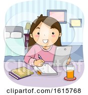 Poster, Art Print Of Kid Girl Tablet Study Bedroom Illustration