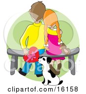 Poster, Art Print Of Sweet Boy Sitting On A Bench Beside His Red Haired Girlfriend Who Is Resting Her Head On His Shoulder As A Dalmation Puppy Tries To Steal A Box Of Valentines Day Chocolates From Behind Them