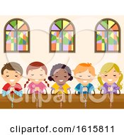 Stickman Kids Pray Rosary Church Illustration