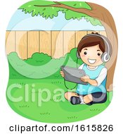 Poster, Art Print Of Kid Boy Tablet Under Tree Backyard Illustration