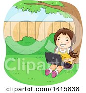 Poster, Art Print Of Kid Girl Laptop Under Tree Backyard Illustration
