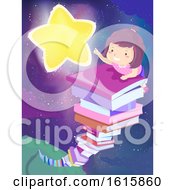 Poster, Art Print Of Kid Girl Book Stack Star Illustration