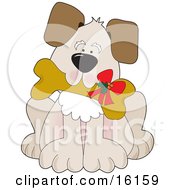 Cute Puppy Dog Carrying A Dog Biscut With A Christmas Bow On It