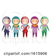 Poster, Art Print Of Stickman Kids Girls Muslim Swimwear Illustration