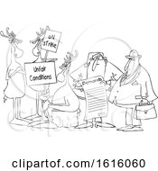 Clipart Of A Lineart Group Of Christmas Reindeer On Strike And Santa Talking To A Lawyer About The List Of Demands Royalty Free Vector Illustration