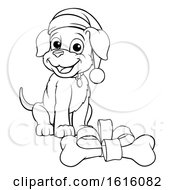 Poster, Art Print Of Pet Dog In Christmas Santa Claus Hat And Gift Bone