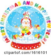 Merry Christmas And Happy New Year Greeting With A Snowman In A Snow Globe